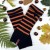 Cashmere Fingerless Gloves - Navy Orange Stripe