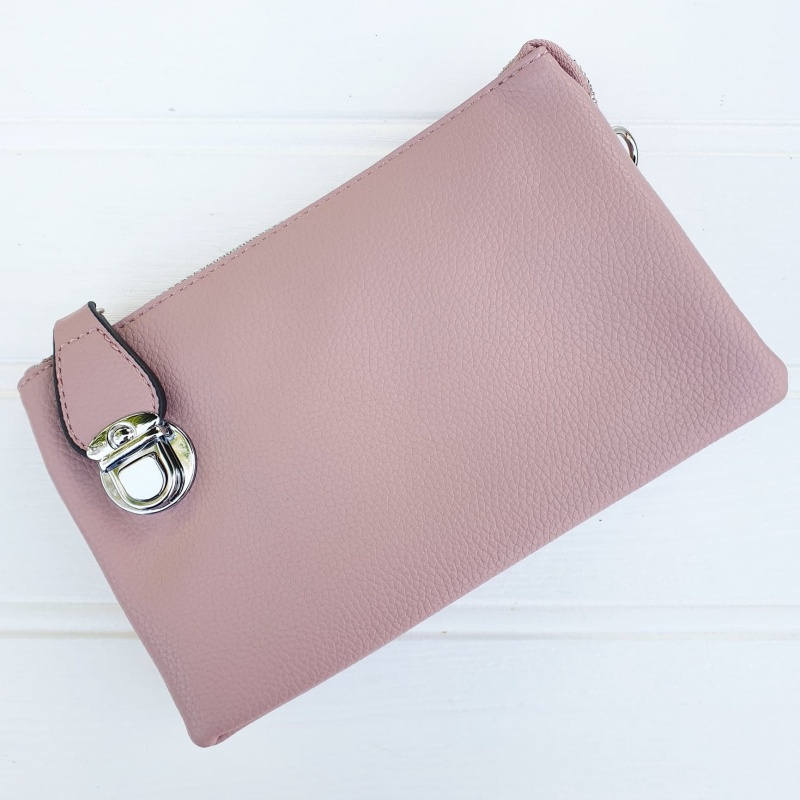 pink and grey clutch bag